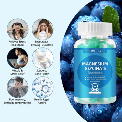 Magnesiumglycinat Gummies 500mg, Zuckerfrei für Erwachsene & Kinder, Magnesium Gummies für Schlaf, Stress & Muskelentspannung, Unterstützt Knochen- & Nervengesundheit, Vegan, Pektin-basiert, 60 Stück, Blaubeergeschmack