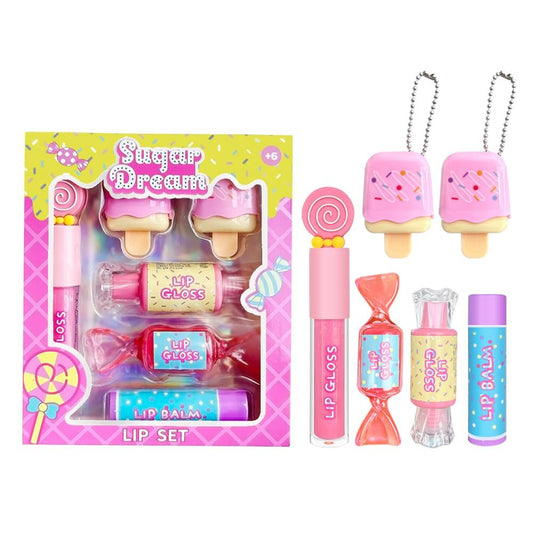 M&U MAKE YOU UP MU 6-teiliges Candy Sweet Lip Gloss Set für Kinder – 1 gerader Stift, 2 Eiscreme- und 2 Bonbon-Lippenbalsame, ungiftig, Geburtstagsgeschenk für Mädchen, lustige Partygeschenke