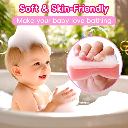 Cradle Cap Bürste für Babys – Set mit 5 Babybad Essentials: Badeschwamm, Silikon-Schrubber, Langkamm für Neugeborene, Kleinkinder, Jungen und Mädchen (Pink)