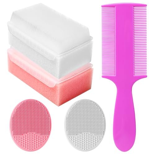 Cradle Cap Bürste für Babys – Set mit 5 Babybad Essentials: Badeschwamm, Silikon-Schrubber, Langkamm für Neugeborene, Kleinkinder, Jungen und Mädchen (Pink)