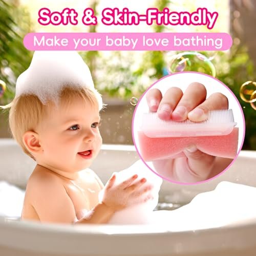 Cradle Cap Bürste für Babys – Set mit 5 Babybad Essentials: Badeschwamm, Silikon-Schrubber, Langkamm für Neugeborene, Kleinkinder, Jungen und Mädchen (Pink)