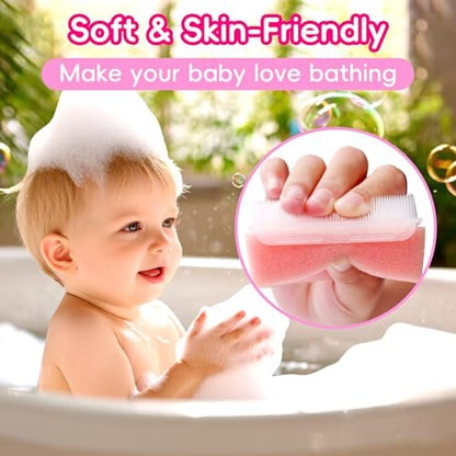 Cradle Cap Bürste für Babys – Set mit 5 Babybad Essentials: Badeschwamm, Silikon-Schrubber, Langkamm für Neugeborene, Kleinkinder, Jungen und Mädchen (Pink)