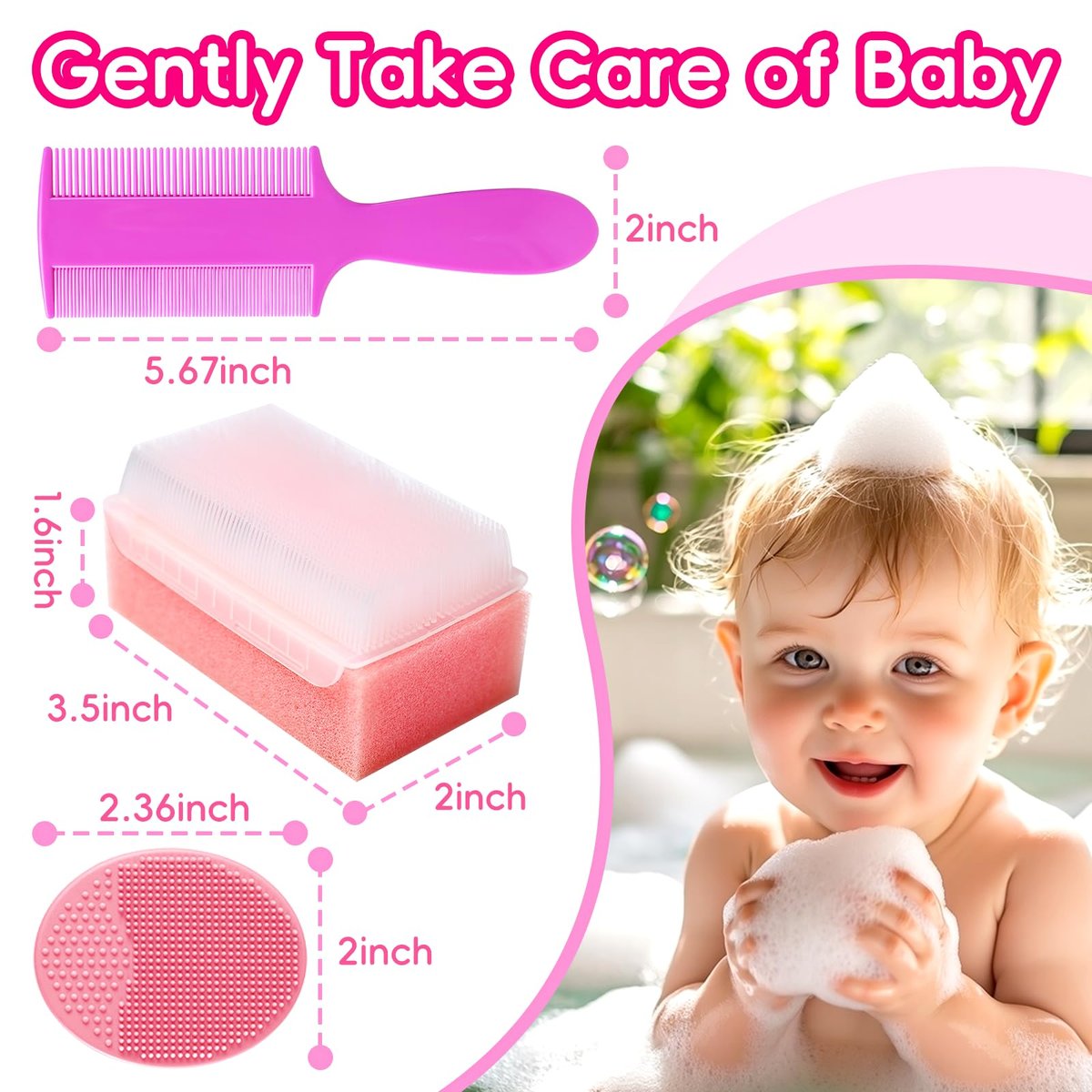 Cradle Cap Bürste für Babys – Set mit 5 Babybad Essentials: Badeschwamm, Silikon-Schrubber, Langkamm für Neugeborene, Kleinkinder, Jungen und Mädchen (Pink)