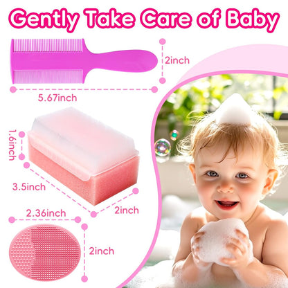 Cradle Cap Bürste für Babys – Set mit 5 Babybad Essentials: Badeschwamm, Silikon-Schrubber, Langkamm für Neugeborene, Kleinkinder, Jungen und Mädchen (Pink)