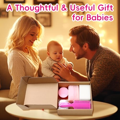 Cradle Cap Bürste für Babys – Set mit 5 Babybad Essentials: Badeschwamm, Silikon-Schrubber, Langkamm für Neugeborene, Kleinkinder, Jungen und Mädchen (Pink)
