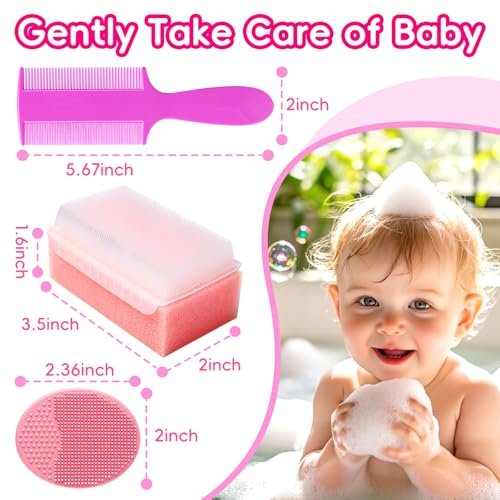 Cradle Cap Bürste für Babys – Set mit 5 Babybad Essentials: Badeschwamm, Silikon-Schrubber, Langkamm für Neugeborene, Kleinkinder, Jungen und Mädchen (Pink)