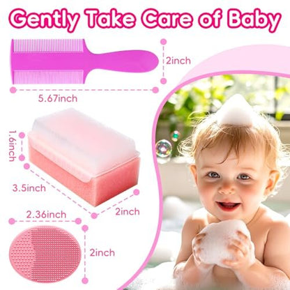 Cradle Cap Bürste für Babys – Set mit 5 Babybad Essentials: Badeschwamm, Silikon-Schrubber, Langkamm für Neugeborene, Kleinkinder, Jungen und Mädchen (Pink)