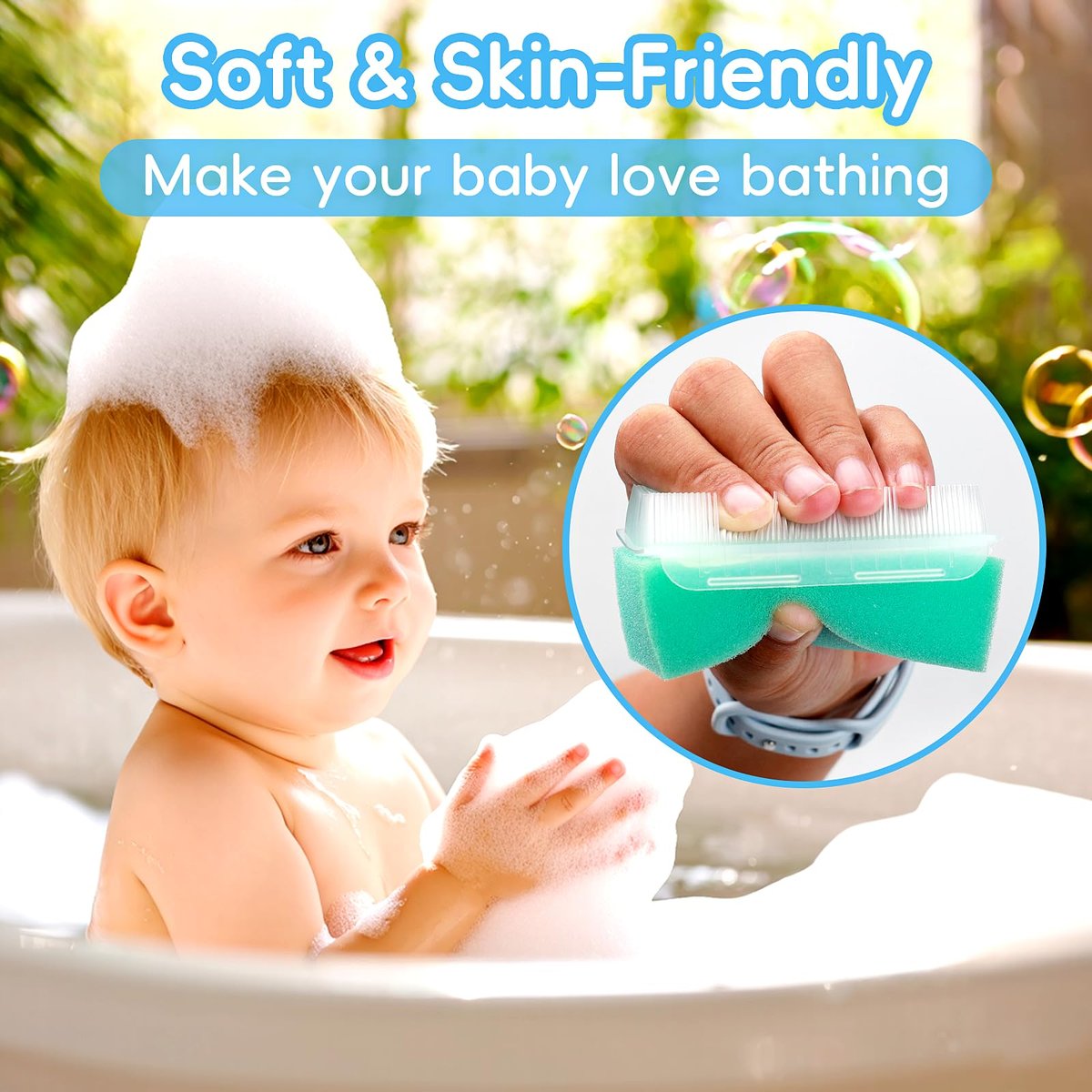 Milchschorf-Bürste für Babys – Set mit 5 Babybadeutensilien: Badeschwamm, Silikon-Schrubber, langer Kamm für Neugeborene, Kleinkinder, Jungen und Mädchen (Grün)