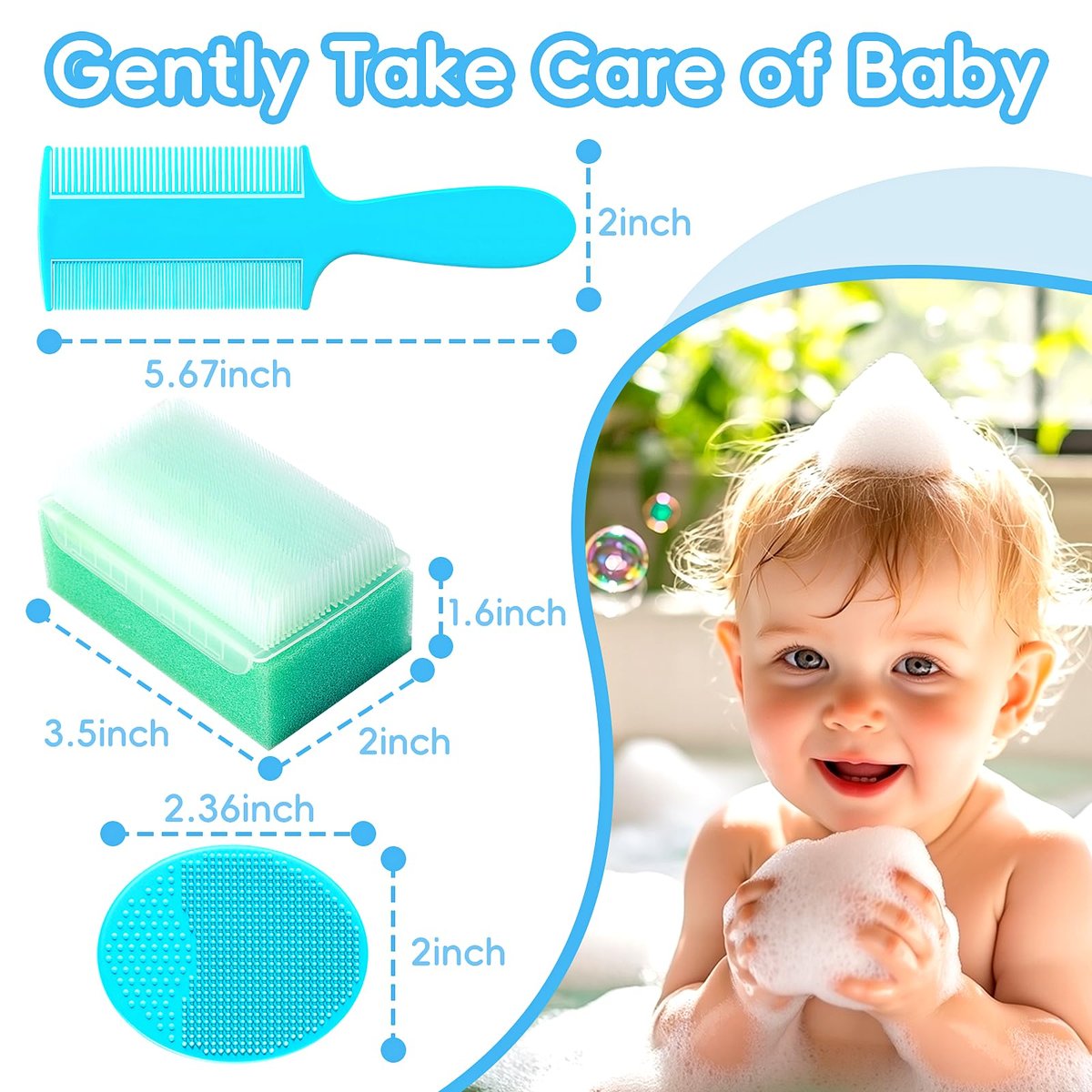 Milchschorf-Bürste für Babys – Set mit 5 Babybadeutensilien: Badeschwamm, Silikon-Schrubber, langer Kamm für Neugeborene, Kleinkinder, Jungen und Mädchen (Grün)