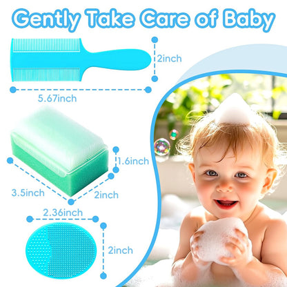 Milchschorf-Bürste für Babys – Set mit 5 Babybadeutensilien: Badeschwamm, Silikon-Schrubber, langer Kamm für Neugeborene, Kleinkinder, Jungen und Mädchen (Grün)