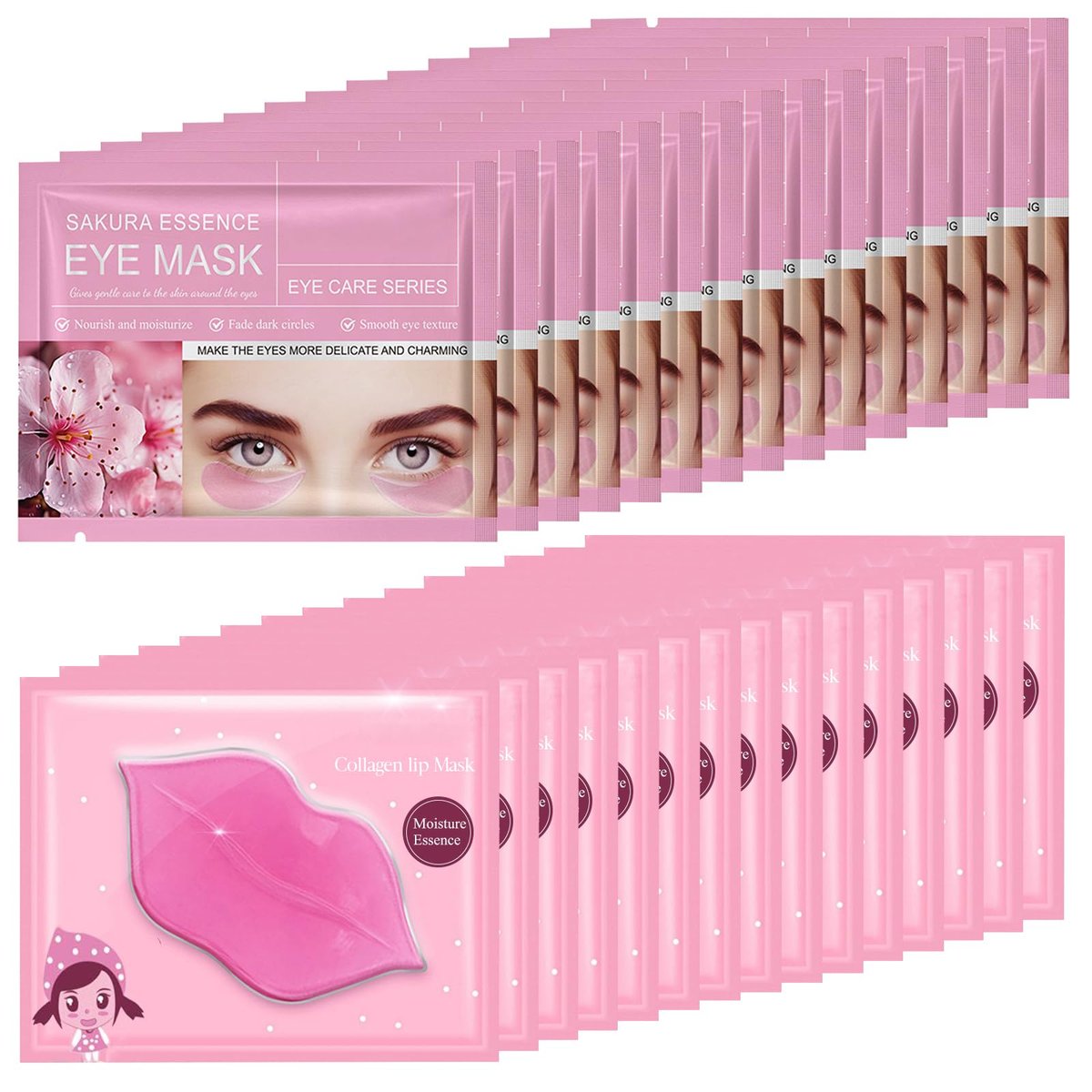 Felico 30-teiliges Lippenmasken-Set mit Kollagen, Hydratisierende Augen- und Lippenpads gegen Tränensäcke, dunkle Ringe, Fältchen – Sakura-Design