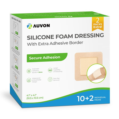 AUVON Silikon-Schaumstoffverband mit großem Kleberand, 4 x 4 Zoll, 12 Stück, Wundverband mit hoher Saugfähigkeit, wasserdichte Silikon-Schaumstoff-Pads für Wundversorgung und Schutz plus Polsterung
