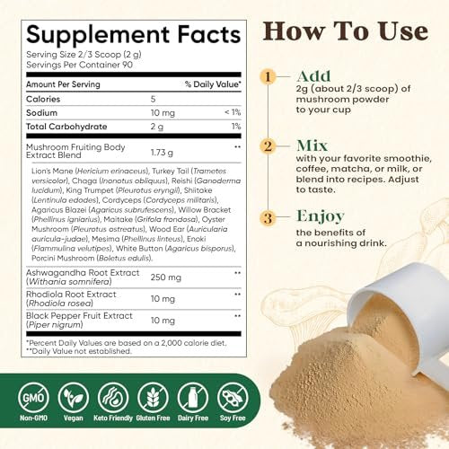 Fidus 16 Pilz-Pulver mit 1.730 mg pro Portion, 90-Tage-Vorrat, Pilz-Kaffee-Alternative für Immunität, Fokus & Energie mit Ashwagandha, Löwenmähne, Reishi, 100% Fruchtkörper