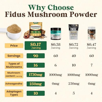 Fidus 16 Pilz-Pulver mit 1.730 mg pro Portion, 90-Tage-Vorrat, Pilz-Kaffee-Alternative für Immunität, Fokus & Energie mit Ashwagandha, Löwenmähne, Reishi, 100% Fruchtkörper