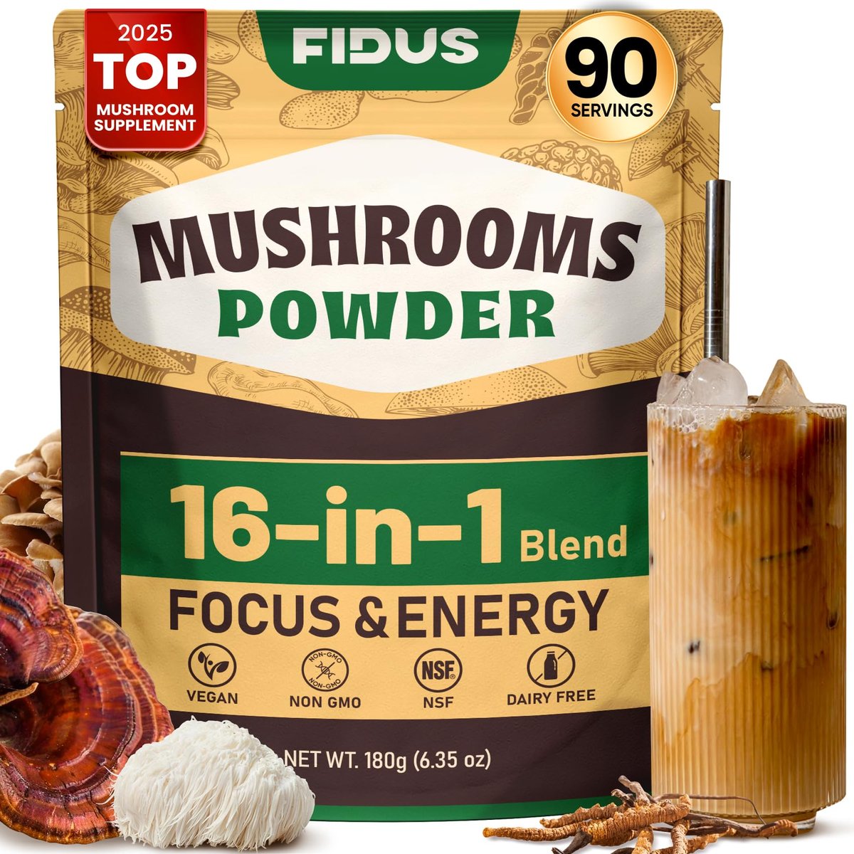 Fidus 16 Pilz-Pulver mit 1.730 mg pro Portion, 90-Tage-Vorrat, Pilz-Kaffee-Alternative für Immunität, Fokus & Energie mit Ashwagandha, Löwenmähne, Reishi, 100% Fruchtkörper