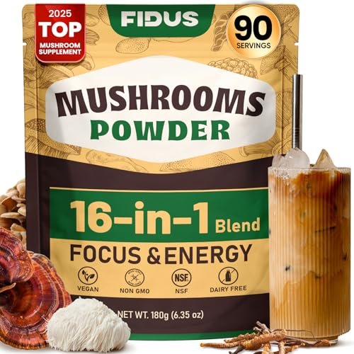 Fidus 16 Pilz-Pulver mit 1.730 mg pro Portion, 90-Tage-Vorrat, Pilz-Kaffee-Alternative für Immunität, Fokus & Energie mit Ashwagandha, Löwenmähne, Reishi, 100% Fruchtkörper