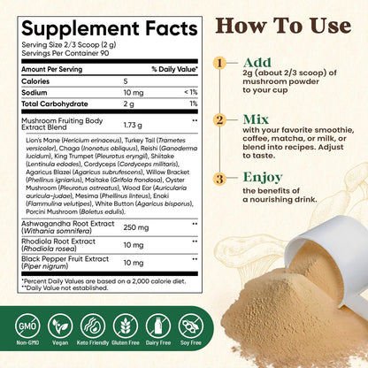 Fidus 16 Pilz-Pulver mit 1.730 mg pro Portion, 90-Tage-Vorrat, Pilz-Kaffee-Alternative für Immunität, Fokus & Energie mit Ashwagandha, Löwenmähne, Reishi, 100% Fruchtkörper