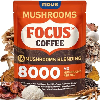 Fidus 16-in-1 Pilz-Kaffee mit 8000mg adaptogenen Pilzen, Ashwagandha, Probiotika, Magnesium und Löwenmähne – Instant Pilzkaffee für Fokus, Energie, Immunität und Verdauung, 40 Portionen