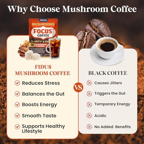 Fidus 16-in-1 Pilz-Kaffee mit 8000mg adaptogenen Pilzen, Ashwagandha, Probiotika, Magnesium und Löwenmähne – Instant Pilzkaffee für Fokus, Energie, Immunität und Verdauung, 40 Portionen