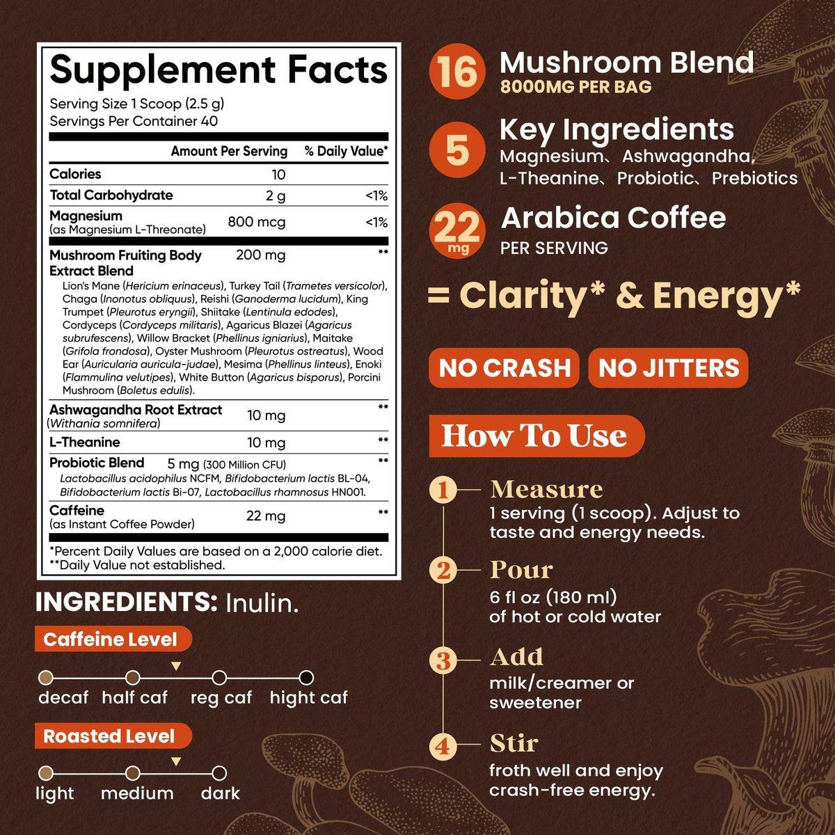 Fidus 16-in-1 Pilz-Kaffee mit 8000mg adaptogenen Pilzen, Ashwagandha, Probiotika, Magnesium und Löwenmähne – Instant Pilzkaffee für Fokus, Energie, Immunität und Verdauung, 40 Portionen