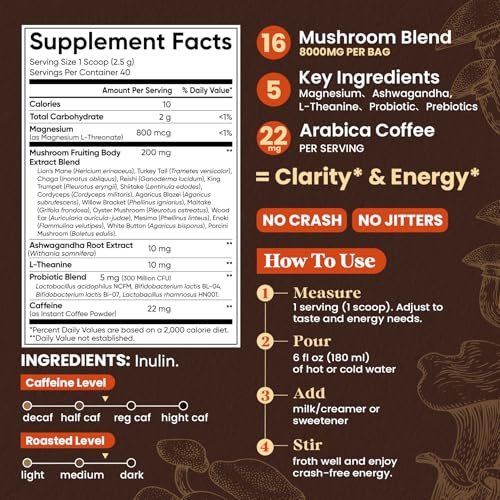 Fidus 16-in-1 Pilz-Kaffee mit 8000mg adaptogenen Pilzen, Ashwagandha, Probiotika, Magnesium und Löwenmähne – Instant Pilzkaffee für Fokus, Energie, Immunität und Verdauung, 40 Portionen