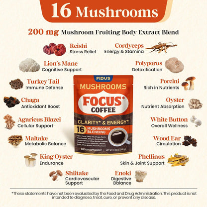Fidus 16-in-1 Pilz-Kaffee mit 8000mg adaptogenen Pilzen, Ashwagandha, Probiotika, Magnesium und Löwenmähne – Instant Pilzkaffee für Fokus, Energie, Immunität und Verdauung, 40 Portionen
