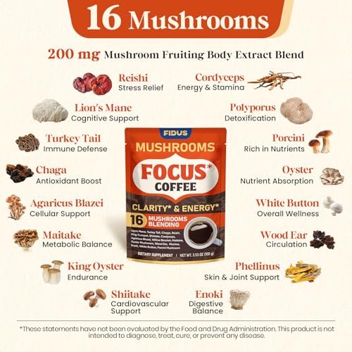 Fidus 16-in-1 Pilz-Kaffee mit 8000mg adaptogenen Pilzen, Ashwagandha, Probiotika, Magnesium und Löwenmähne – Instant Pilzkaffee für Fokus, Energie, Immunität und Verdauung, 40 Portionen