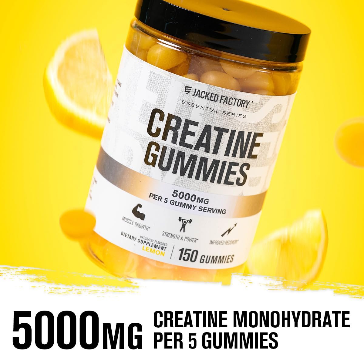Jacked Factory Creatine Gummies 5g Tagesdosis (1g pro Gummibärchen) - Creatine Gummies für Männer und Frauen, vegan, reisefreundlich, drittanbietergetestet - 150 Gummibärchen, Zitrone