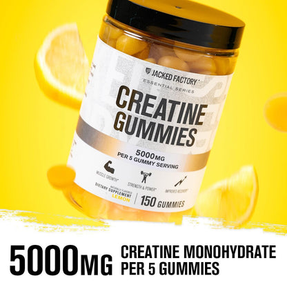 Jacked Factory Creatine Gummies 5g Tagesdosis (1g pro Gummibärchen) - Creatine Gummies für Männer und Frauen, vegan, reisefreundlich, drittanbietergetestet - 150 Gummibärchen, Zitrone