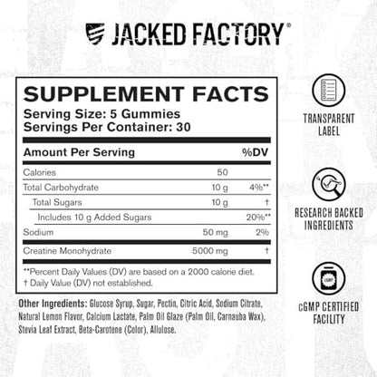 Jacked Factory Creatine Gummies 5g Tagesdosis (1g pro Gummibärchen) - Creatine Gummies für Männer und Frauen, vegan, reisefreundlich, drittanbietergetestet - 150 Gummibärchen, Zitrone
