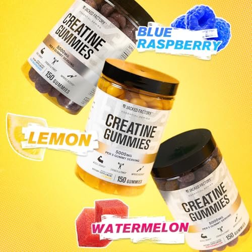 Jacked Factory Creatine Gummies 5g Tagesdosis (1g pro Gummibärchen) - Creatine Gummies für Männer und Frauen, vegan, reisefreundlich, drittanbietergetestet - 150 Gummibärchen, Zitrone