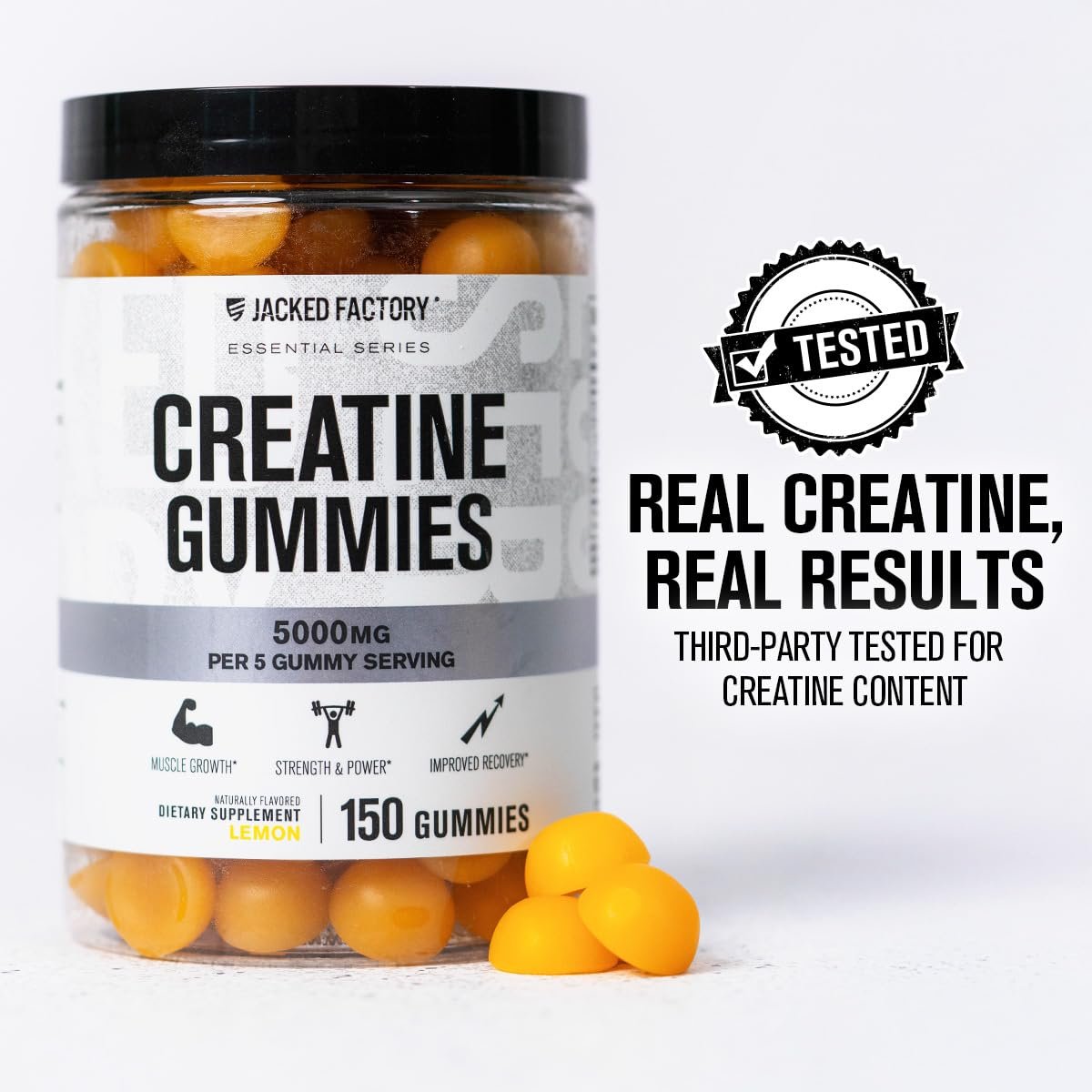 Jacked Factory Creatine Gummies 5g Tagesdosis (1g pro Gummibärchen) - Creatine Gummies für Männer und Frauen, vegan, reisefreundlich, drittanbietergetestet - 150 Gummibärchen, Zitrone