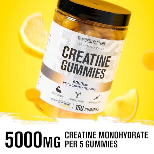 Jacked Factory Creatine Gummies 5g Tagesdosis (1g pro Gummibärchen) - Creatine Gummies für Männer und Frauen, vegan, reisefreundlich, drittanbietergetestet - 150 Gummibärchen, Zitrone