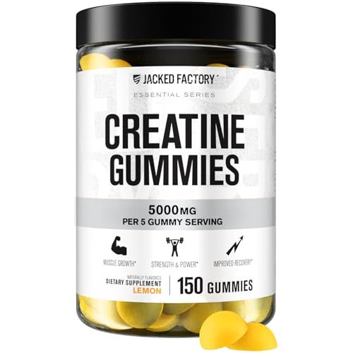 Jacked Factory Creatine Gummies 5g Tagesdosis (1g pro Gummibärchen) - Creatine Gummies für Männer und Frauen, vegan, reisefreundlich, drittanbietergetestet - 150 Gummibärchen, Zitrone