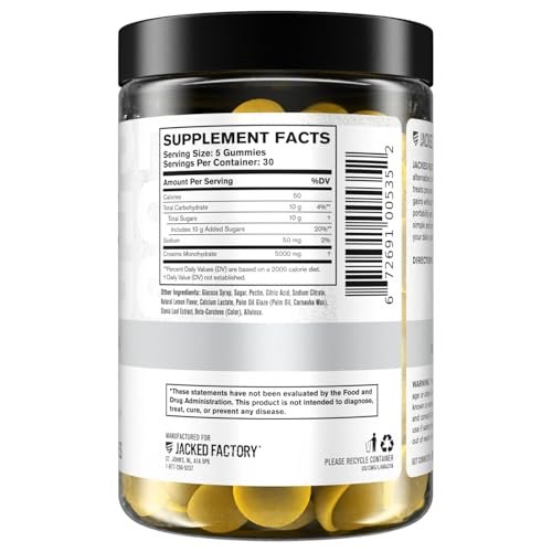 Jacked Factory Creatine Gummies 5g Tagesdosis (1g pro Gummibärchen) - Creatine Gummies für Männer und Frauen, vegan, reisefreundlich, drittanbietergetestet - 150 Gummibärchen, Zitrone