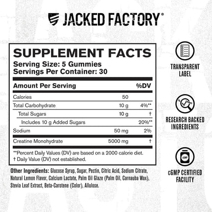 Jacked Factory Creatine Gummies 5g Tagesdosis (1g pro Gummibärchen) - Creatine Gummies für Männer und Frauen, vegan, reisefreundlich, drittanbietergetestet - 150 Gummibärchen, Zitrone