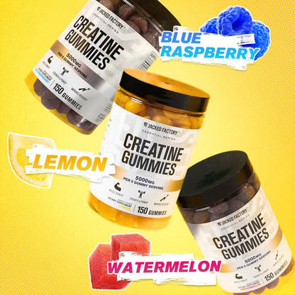 Jacked Factory Creatine Gummies 5g Tagesdosis (1g pro Gummibärchen) - Creatine Gummies für Männer und Frauen, vegan, reisefreundlich, drittanbietergetestet - 150 Gummibärchen, Zitrone