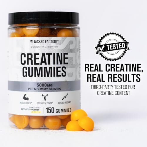 Jacked Factory Creatine Gummies 5g Tagesdosis (1g pro Gummibärchen) - Creatine Gummies für Männer und Frauen, vegan, reisefreundlich, drittanbietergetestet - 150 Gummibärchen, Zitrone