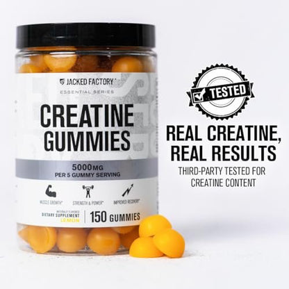Jacked Factory Creatine Gummies 5g Tagesdosis (1g pro Gummibärchen) - Creatine Gummies für Männer und Frauen, vegan, reisefreundlich, drittanbietergetestet - 150 Gummibärchen, Zitrone