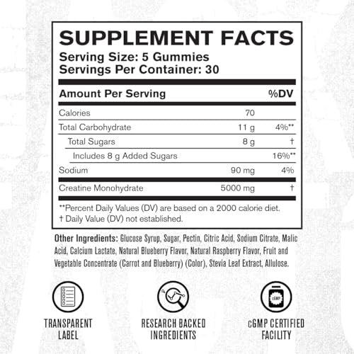 Jacked Factory Creatine Gummies 5g Tagesdosis (1g pro Gummy) - Kreatin Gummibärchen für Männer und Frauen, vegan-freundlich, reisefreundlich, drittanbietergetestet - 150 Gummibärchen, Blaue Himbeere