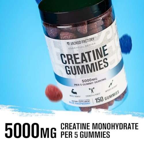 Jacked Factory Creatine Gummies 5g Tagesdosis (1g pro Gummy) - Kreatin Gummibärchen für Männer und Frauen, vegan-freundlich, reisefreundlich, drittanbietergetestet - 150 Gummibärchen, Blaue Himbeere