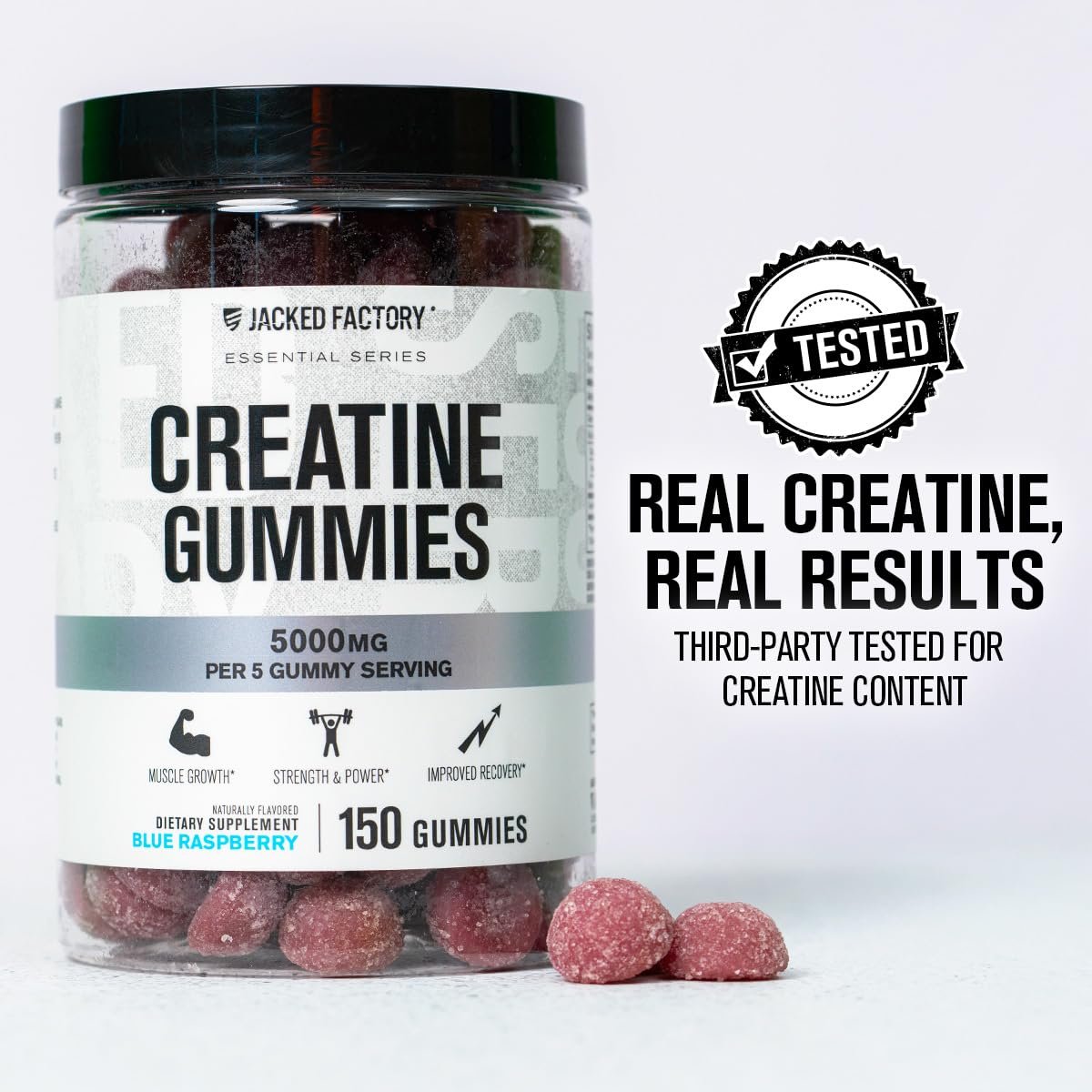 Jacked Factory Creatine Gummies 5g Tagesdosis (1g pro Gummy) - Kreatin Gummibärchen für Männer und Frauen, vegan-freundlich, reisefreundlich, drittanbietergetestet - 150 Gummibärchen, Blaue Himbeere