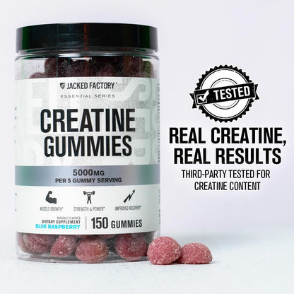 Jacked Factory Creatine Gummies 5g Tagesdosis (1g pro Gummy) - Kreatin Gummibärchen für Männer und Frauen, vegan-freundlich, reisefreundlich, drittanbietergetestet - 150 Gummibärchen, Blaue Himbeere