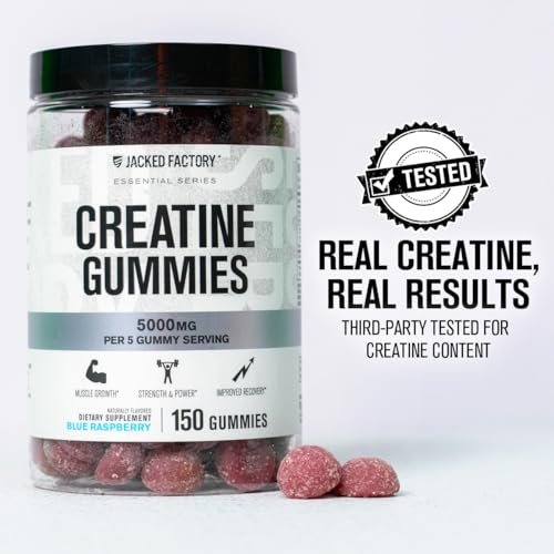 Jacked Factory Creatine Gummies 5g Tagesdosis (1g pro Gummy) - Kreatin Gummibärchen für Männer und Frauen, vegan-freundlich, reisefreundlich, drittanbietergetestet - 150 Gummibärchen, Blaue Himbeere