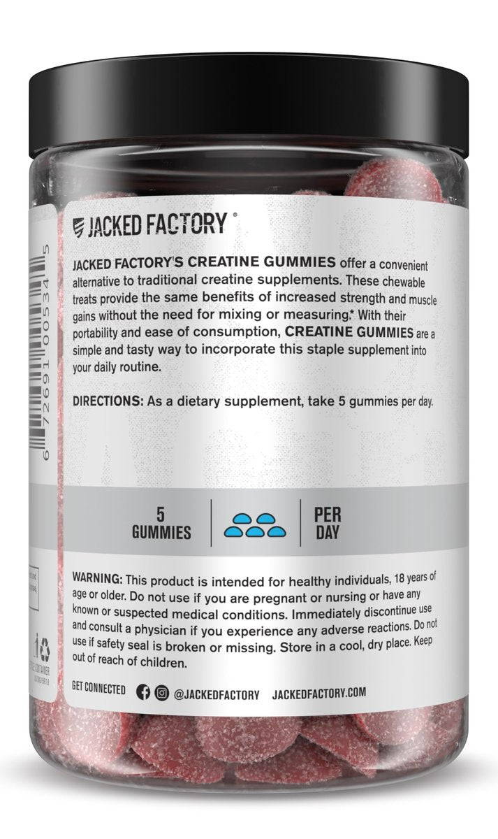 Jacked Factory Creatine Gummies 5g Tagesdosis (1g pro Gummy) - Kreatin Gummibärchen für Männer und Frauen, vegan-freundlich, reisefreundlich, drittanbietergetestet - 150 Gummibärchen, Blaue Himbeere