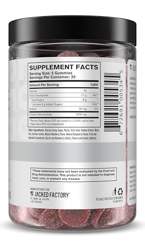 Jacked Factory Creatine Gummies 5g Tagesdosis (1g pro Gummy) - Kreatin Gummibärchen für Männer und Frauen, vegan-freundlich, reisefreundlich, drittanbietergetestet - 150 Gummibärchen, Blaue Himbeere