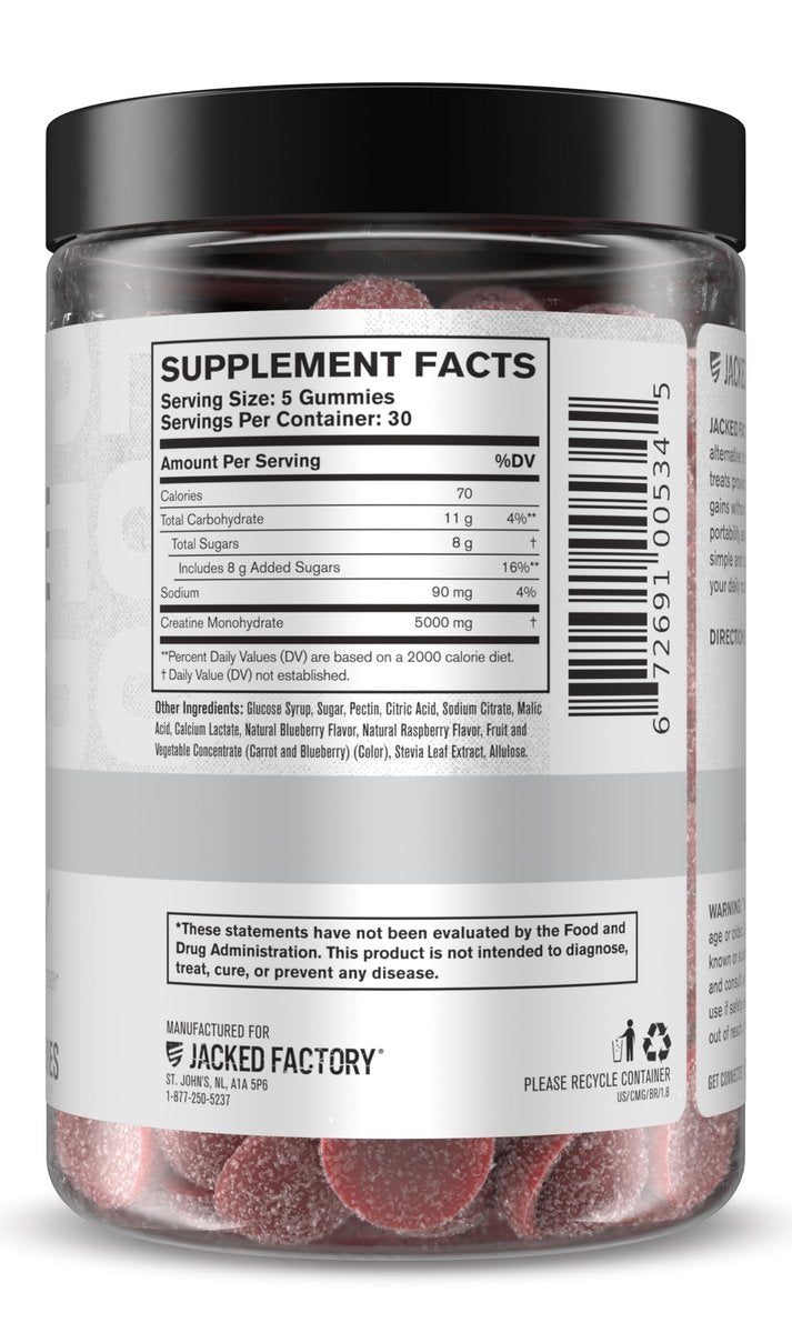 Jacked Factory Creatine Gummies 5g Tagesdosis (1g pro Gummy) - Kreatin Gummibärchen für Männer und Frauen, vegan-freundlich, reisefreundlich, drittanbietergetestet - 150 Gummibärchen, Blaue Himbeere