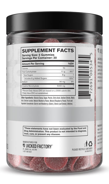 Jacked Factory Creatine Gummies 5g Tagesdosis (1g pro Gummy) - Kreatin Gummibärchen für Männer und Frauen, vegan-freundlich, reisefreundlich, drittanbietergetestet - 150 Gummibärchen, Blaue Himbeere