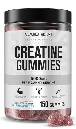 Jacked Factory Creatine Gummies 5g Tagesdosis (1g pro Gummy) - Kreatin Gummibärchen für Männer und Frauen, vegan-freundlich, reisefreundlich, drittanbietergetestet - 150 Gummibärchen, Blaue Himbeere