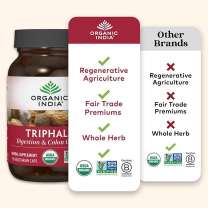 ORGANIC INDIA Triphala Kapseln Bio – Pflanzliches Nahrungsergänzungsmittel mit Amla, Bibhitaki, Haritaki für Verdauung & Darmunterstützung, Immunsystem, Adaptogen, Vegan, USDA Bio – 60 Kapseln